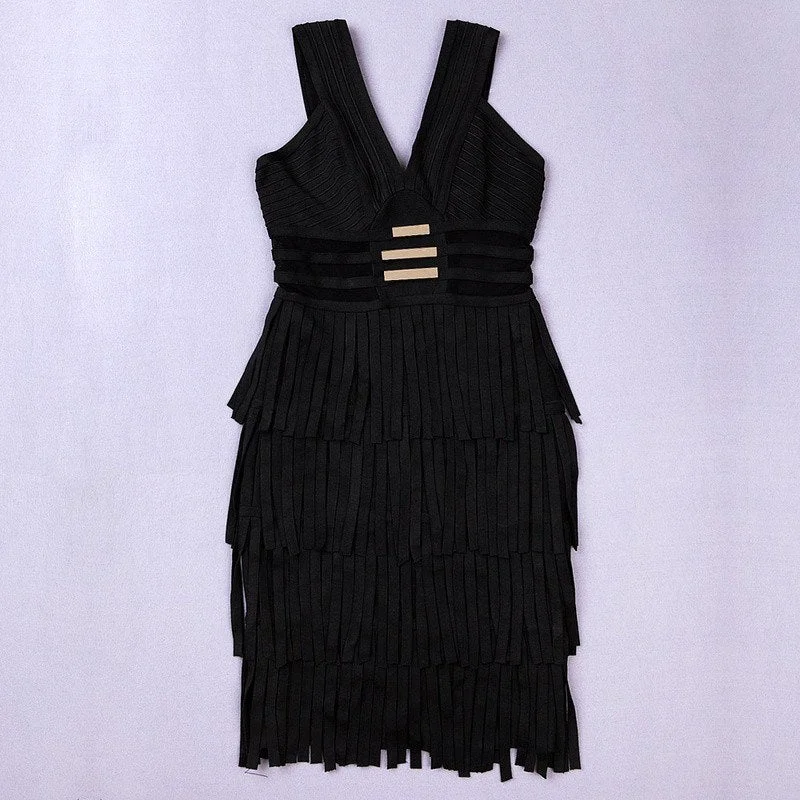 High Quality Women's Elastic Knitted White HL Deep-V Sleeveless Sequined Tassel Bandage Dress Celebrity Sexy Party Dress Boat Neckline Classic High Quality Women's Elastic Knitted White HL Deep-V Sleeveless Sequined Tassel Bandage Dress Celebrity Sexy Party Dress Boat Neckline Classic