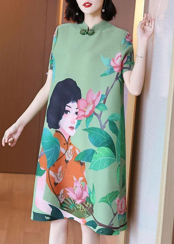Italian Green Print Oriental Half Sleeve Party Dress Summer Tunics Fleece cozy