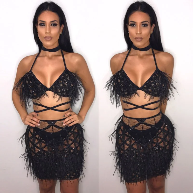 Newest Fashion Sequin Party Dress Women Feather Tassel Sexy Backless Bandage Women Black Dress Lady 2 Piece Dresses Tunics Stylish modern Newest Fashion Sequin Party Dress Women Feather Tassel Sexy Backless Bandage Women Black Dress Lady 2 Piece Dresses Tunics Stylish modern