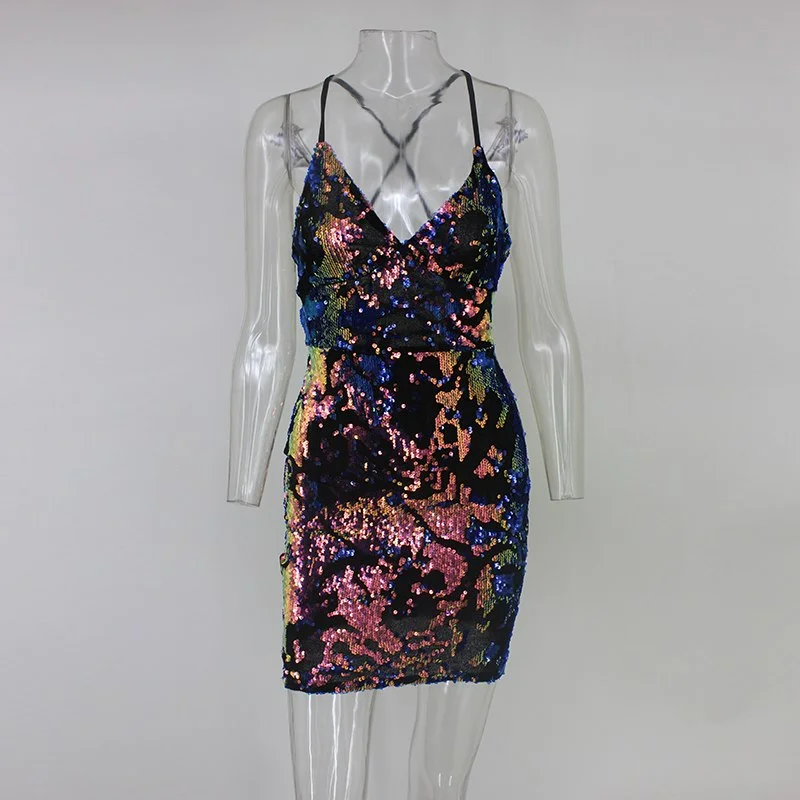 Sexy club strap backless mini dress women V neck sequin party dresses vestidos 2022 autumn skinny vintage short dress Tunics Chic elegant Sexy club strap backless mini dress women V neck sequin party dresses vestidos 2022 autumn skinny vintage short dress Tunics Chic elegant