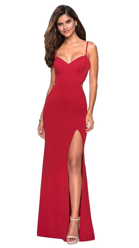 La Femme - V-Neck Strappy Open Back Evening Dress 27516SC -  1 pc Royal Blue in Size 00 and 1 pc Plum in Size 10 Available Tunics Essential wardrobe