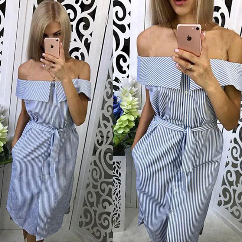 Ladies Striped Off the Shoulder Summer Dress Women 2022 Slash neck Beach Casual Sundresses Sashes Shirt Dress Mini Party Dresse Tunics Handmade artisanal Ladies Striped Off the Shoulder Summer Dress Women 2022 Slash neck Beach Casual Sundresses Sashes Shirt Dress Mini Party Dresse Tunics Handmade artisanal