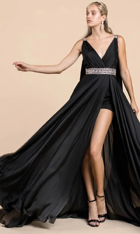Ladivine A0065 - Caped with Satin High Slit Evening Dress Cowl Neckline Elegant