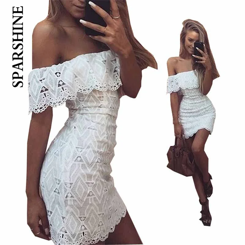 Lady Summer Off The Shoulder Lace Dress Sexy Elegant Ruffles Party Dresses Vestidos Robes Slash Neck Open Back Mini Women Dress Tunics Brand named