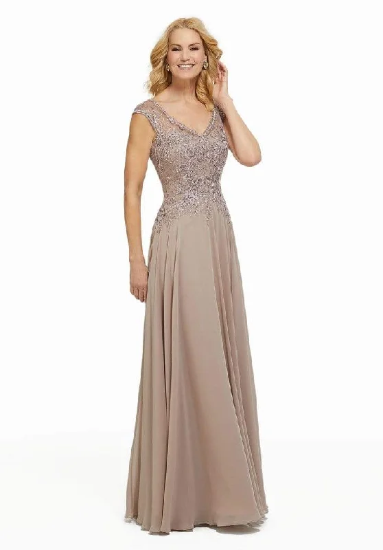 MGNY By Mori Lee - Beaded Lace V-neck A-line Chiffon Evening Dress 72021SC Tunics Luxurious premium