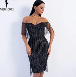 Missord 2022 Sexy Spring and Summer Off Shoulder Striped Glitter Elegant Tassel Party Dress FT8781-1 Tunics Short Trendy