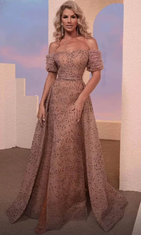 MNM Couture M0100 - Off Shoulder Overskirt Evening Dress Square Neckline Feminine