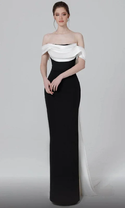 MNM Couture N0456 - Draped Off Shoulder Evening Dress Boat Neckline Classic