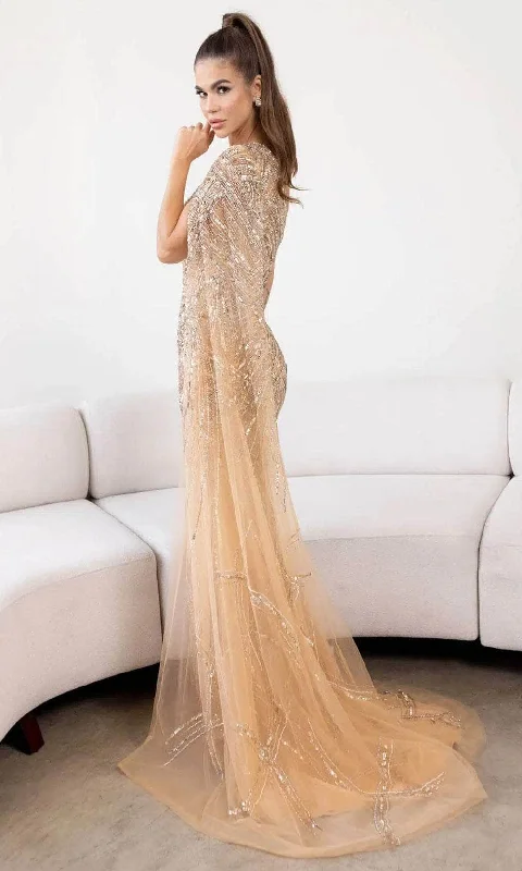 Terani Couture 241GL2634 - One Shoulder Cape Sleeve Evening Dress Tunics Luxurious high-end Terani Couture 241GL2634 - One Shoulder Cape Sleeve Evening Dress Tunics Luxurious high-end