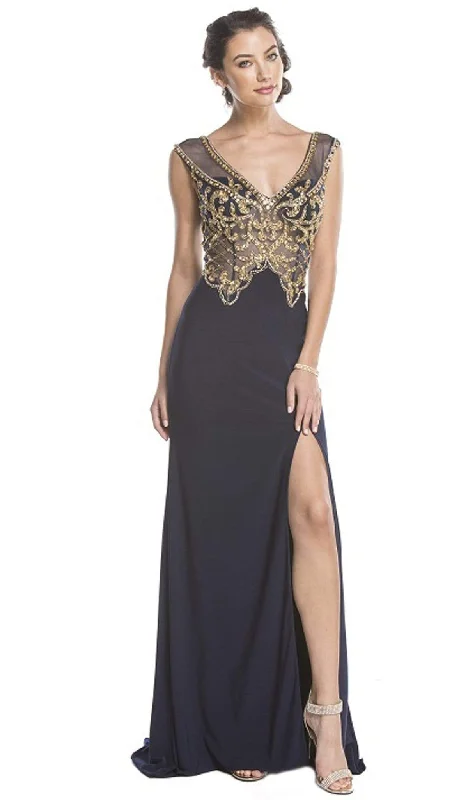 Trevi Collection - Gold Embellished Evening Dress with Slit Tunics Denim casual