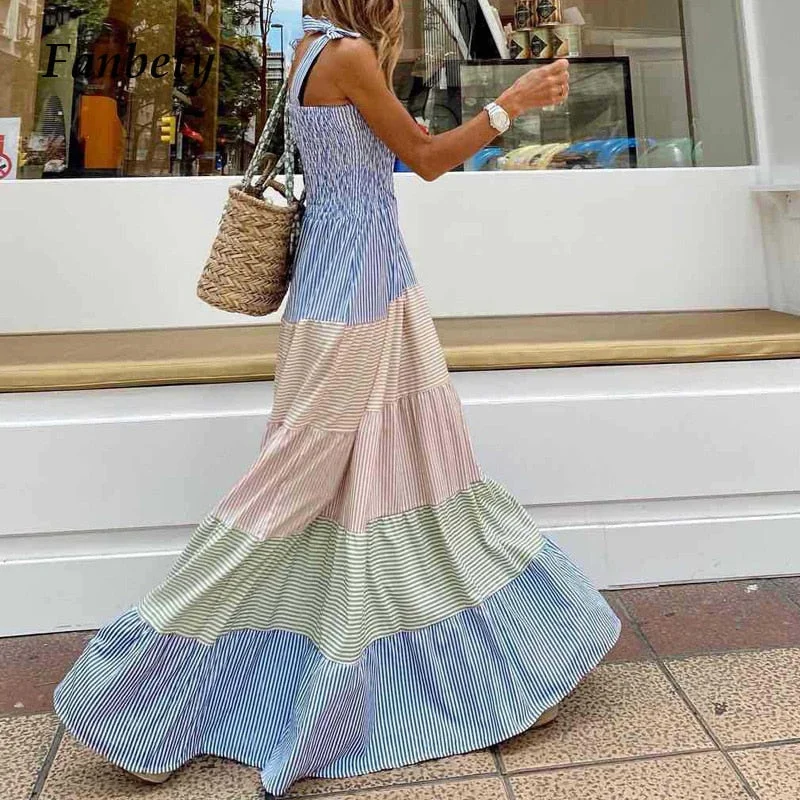 Women Pleated Sleeveless Maxi Beach Dress Summer Elegant Off Shoulder Bow Sling Party Dress Lady Striped Patchwork Dress Tunics Timeless classic Women Pleated Sleeveless Maxi Beach Dress Summer Elegant Off Shoulder Bow Sling Party Dress Lady Striped Patchwork Dress Tunics Timeless classic