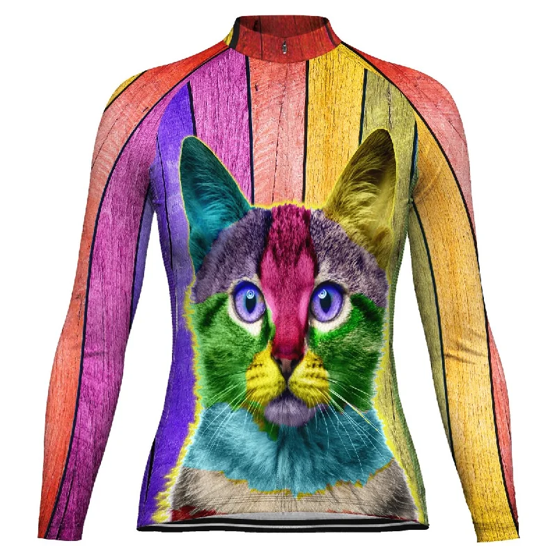 Colorful Cat Long Sleeve Cycling Jersey for Women Striped Jersey Top