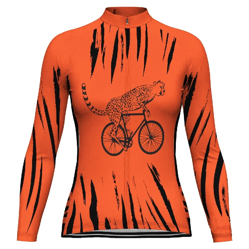 Customized Cheetah Long Sleeve Cycling Jersey for Women Asymmetrical Jersey Blouse