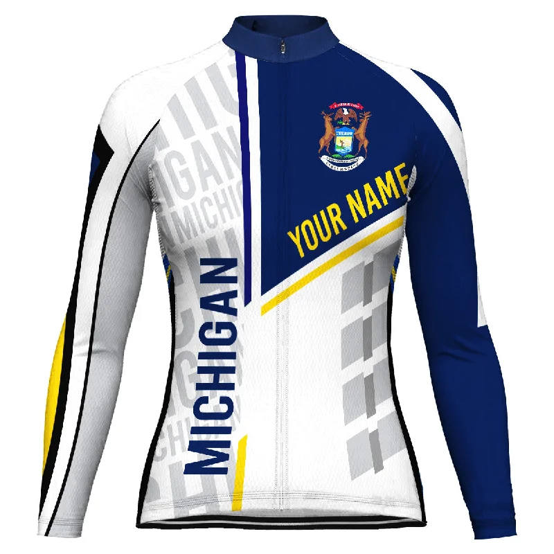 Customized Michigan Long Sleeve Cycling Jersey For Women Round Neck Jersey Tee