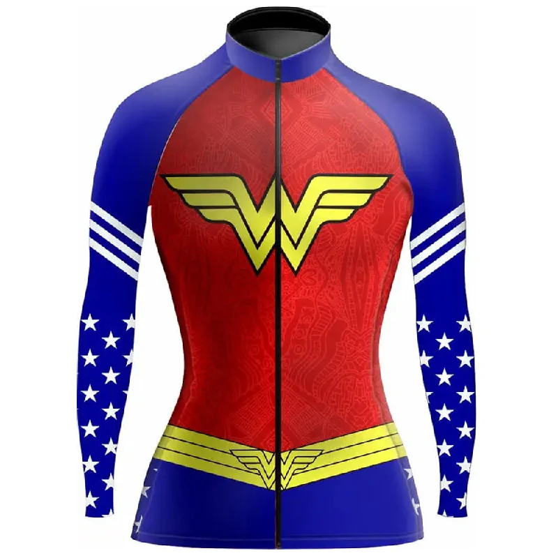 Personalized Wonder Women Long Sleeve Cycling Jersey for Women Silver Jersey Tee