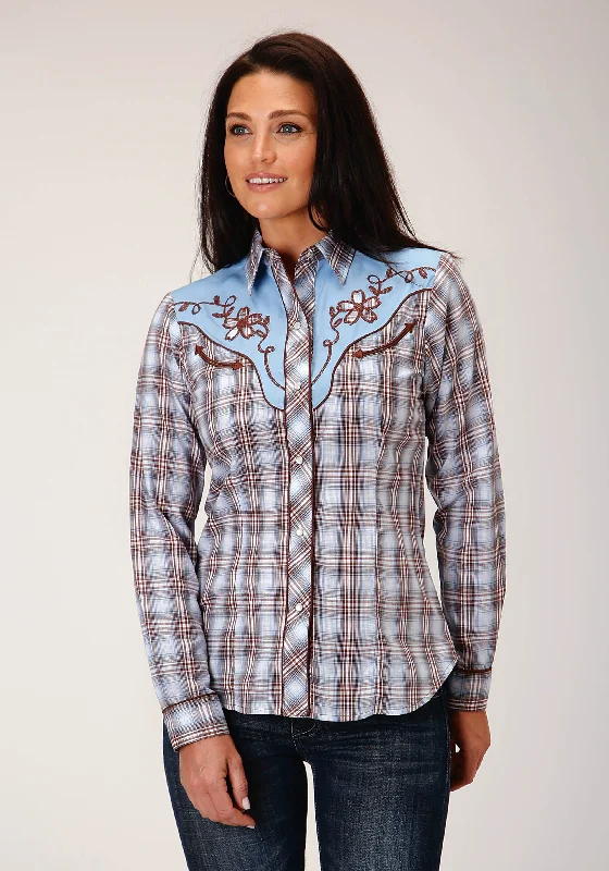 WOMENS LONG SLEEVE SNAP LIGHT BLUE CHOCOLATE WHITE PLAID WESTERN SHIRT Welt Pockets Slit Pockets