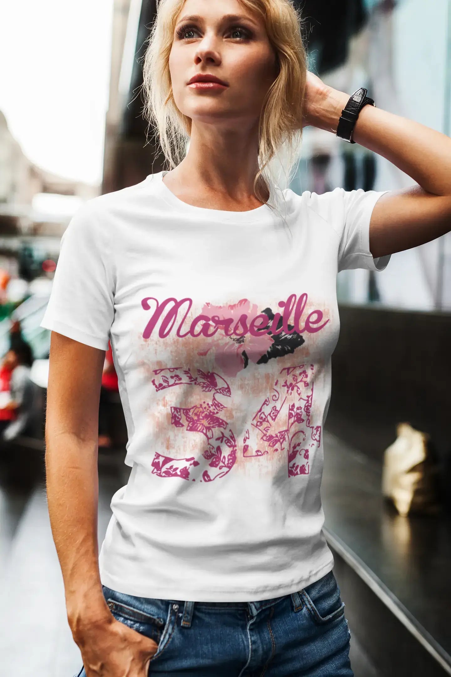 34, Marseille, City With Number, Women's Short Sleeve Round White T-shirt 00008 Hooded Caped Shawl Collar