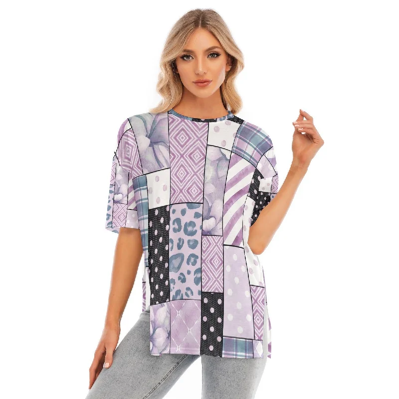 All-Over Print Women's Short Sleeves T-shirt With Hem Split Notch Collar Peter Pan Collar Cowl Neck