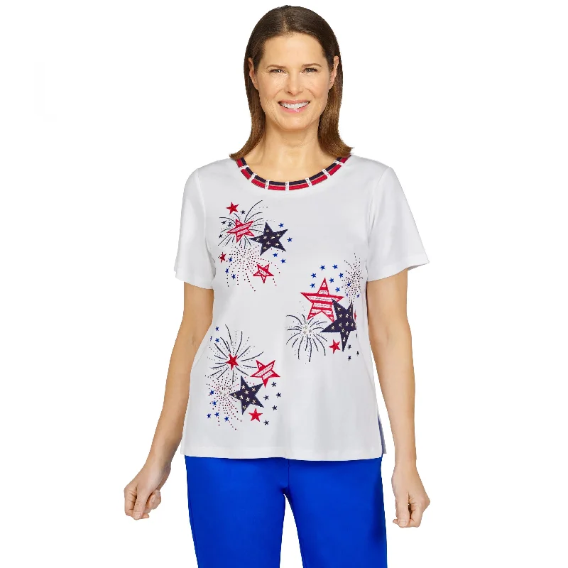 American Dream Firework Stars Embroidery Shirt Petite Notch Collar Peter Pan Collar Cowl Neck