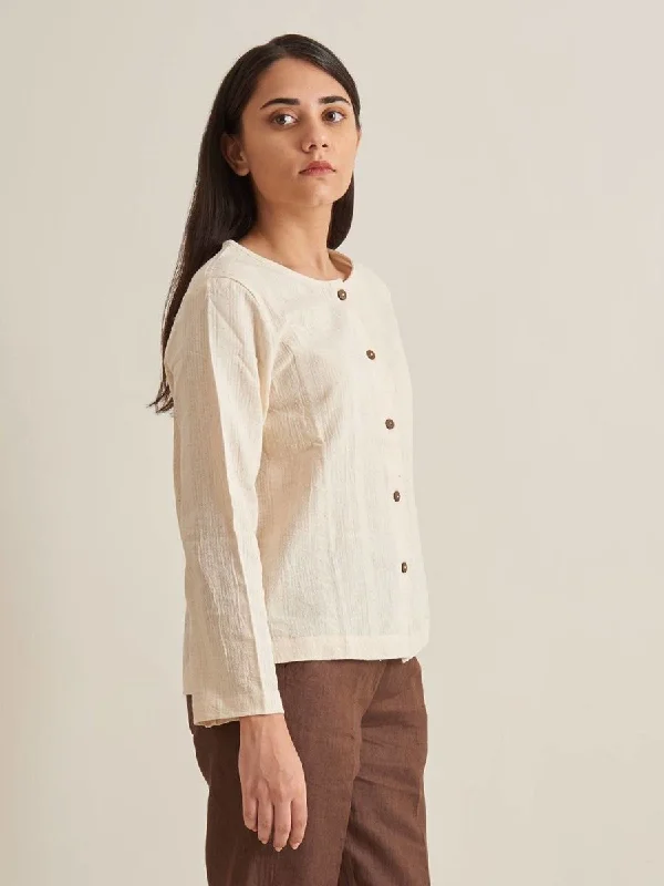 Collarless Textured Shirt V-Neck T-Shirt Long Sleeve Cotton