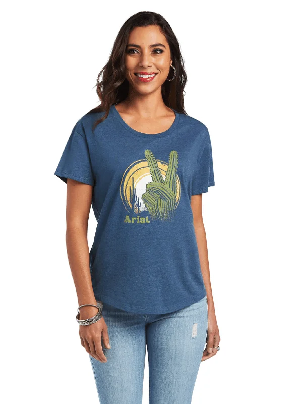 Ariat Women's Ariat Cactus Peace Blue Tee 10040957 Graphic T-Shirt Round Neck Polyester