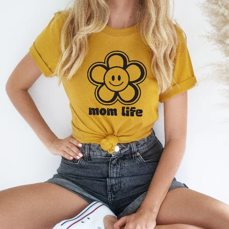 Happy Flower • Mustard Tee V-Neck T-Shirt Long Sleeve Cotton