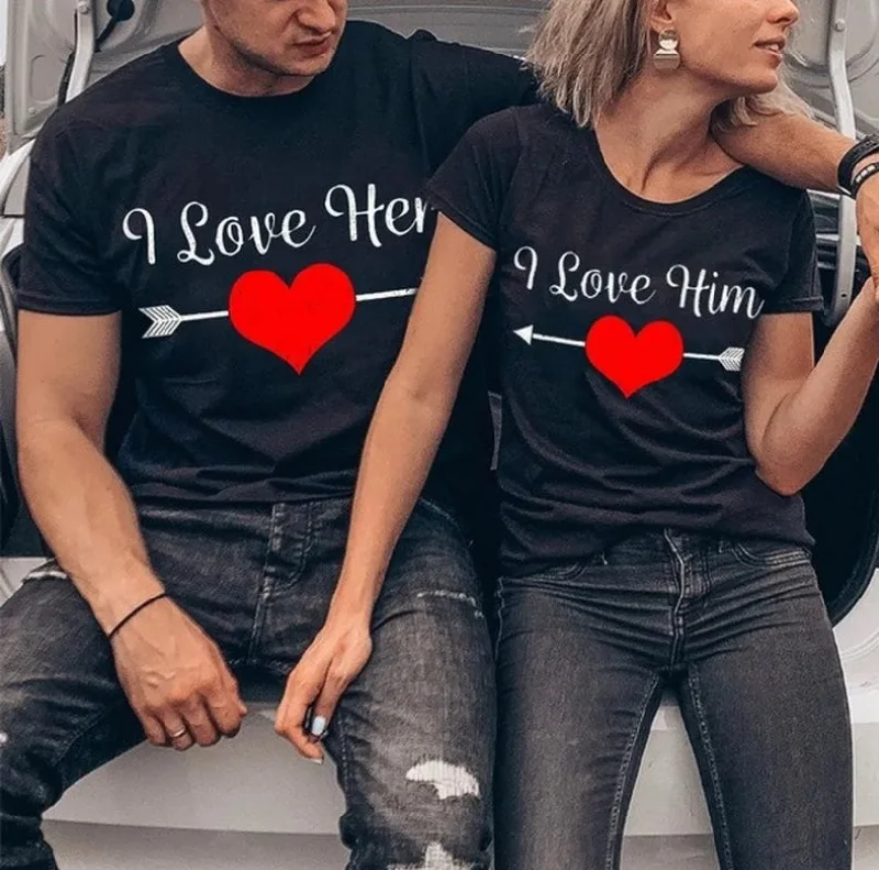 I Love Her Him Heart Arrow Cute Couple Matching Shirt Fashionable Trendy Casual