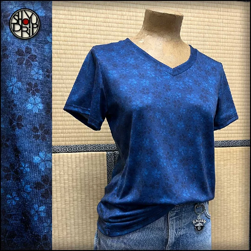 Indigo Sakura Womens V-Neck T-Shirt Lace Blend Ribbed Blend Corduroy Blend