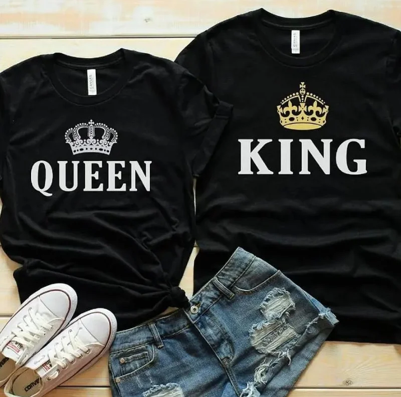 King & Queen Crown Matching T-shirt for Couple Lovers Silk Blend Satin Velvet