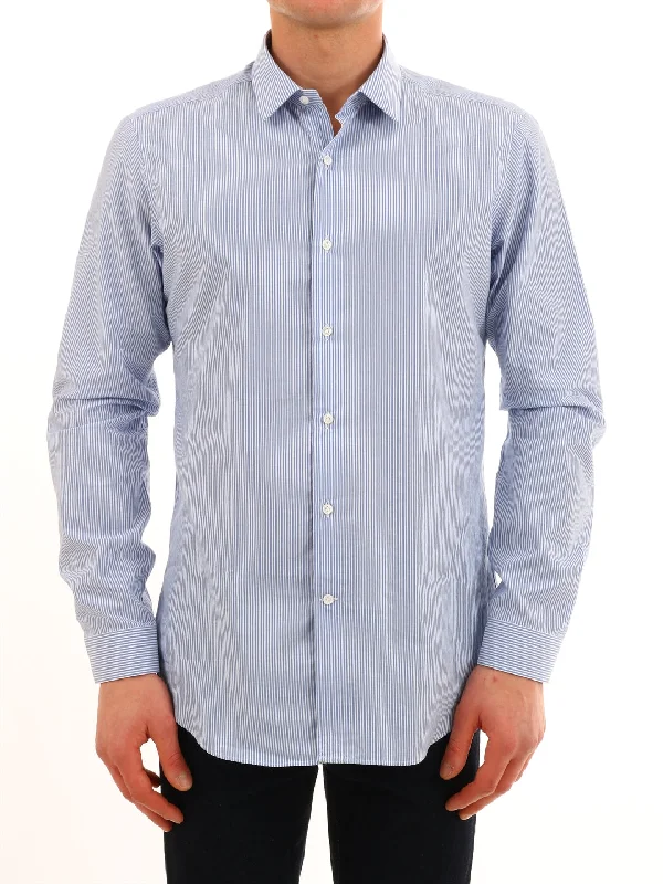 Light Blue Striped Shirt Collared T-Shirt Boat Neck A-Line