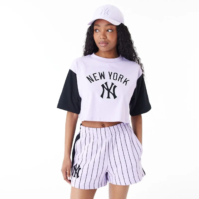 New York Yankees MLB Lifestyle Purple Womens Crop T-Shirt Sequined Glittery Shiny