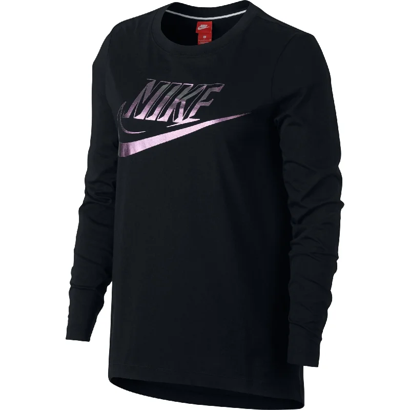 Nike Foil Swoosh Logo Long Sleeve Women's T-Shirt Black-Purple Chenille Brocade Lace