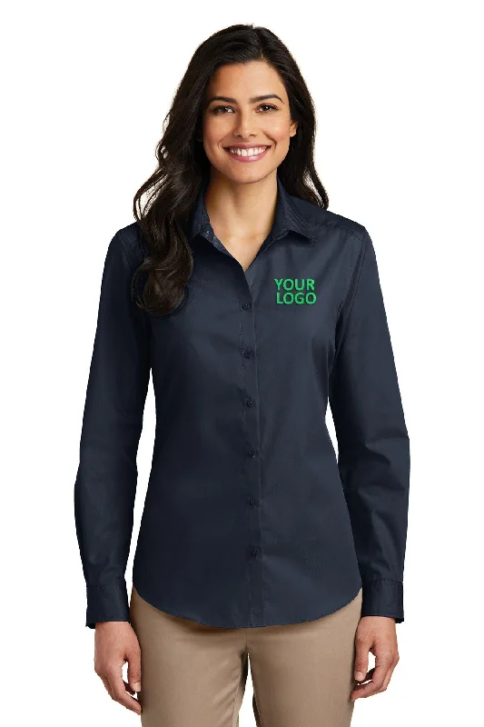 Port Authority Ladies Carefree Poplin Customized Shirts, River Blue Navy Zippered Front Buttoned Front Snap Front