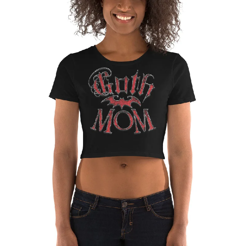 Red Goth Mom with Bat Mother's Day Women’s Crop Tee V-Neck T-Shirt Long Sleeve Cotton