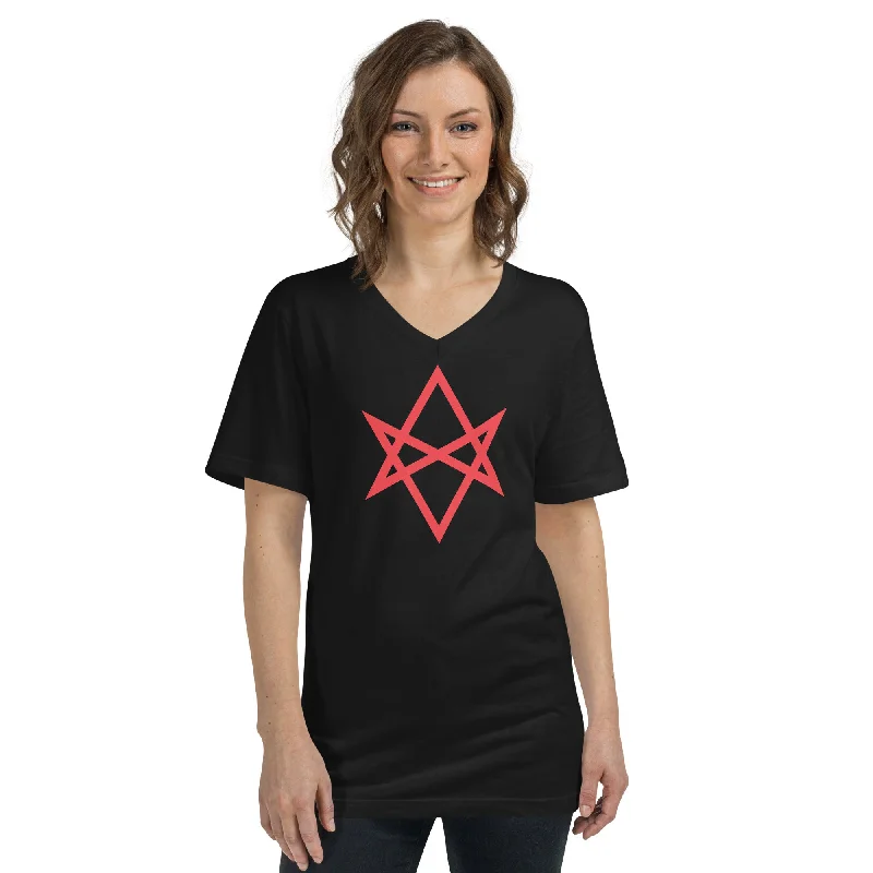 Red Unicursal Hexagram Six Pointed Star Women’s Short Sleeve V-Neck T-Shirt Spandex Blend Rayon Blend Denim Blend