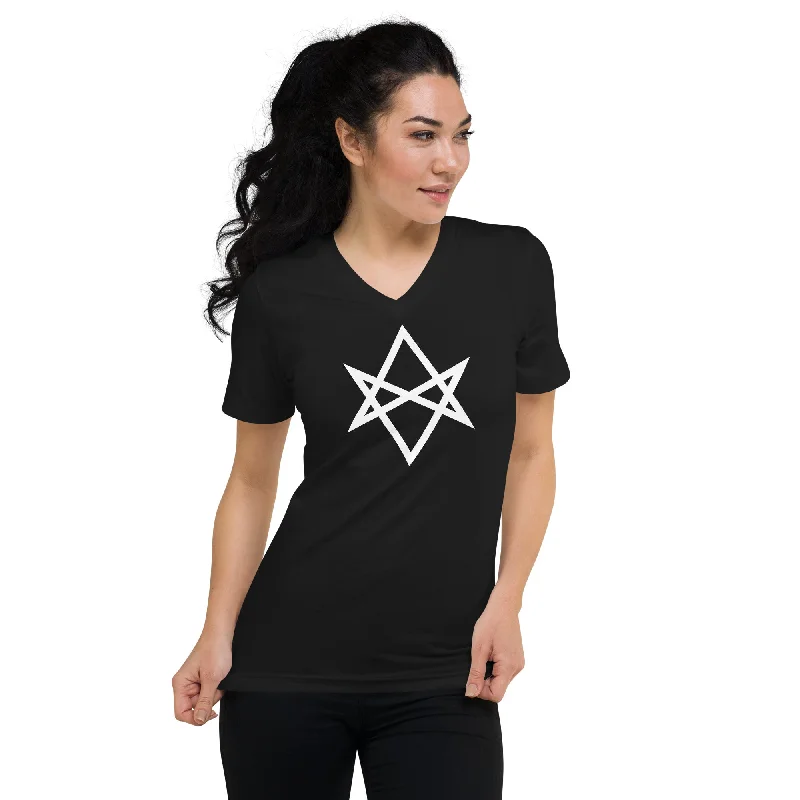 White Unicursal Hexagram Six Pointed Star Women’s Short Sleeve V-Neck T-Shirt Seamless Knitted Crochet