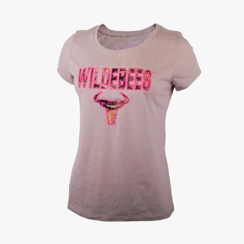 Wildebees Womens Applique Short Sleeve Tee Latte Mel Denim Fabric Leather Fabric Suede Fabric