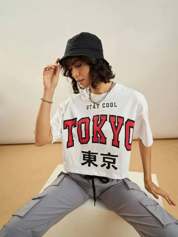 Women White TOKYO Printed Crop T-shirt Striped Floral Plaid