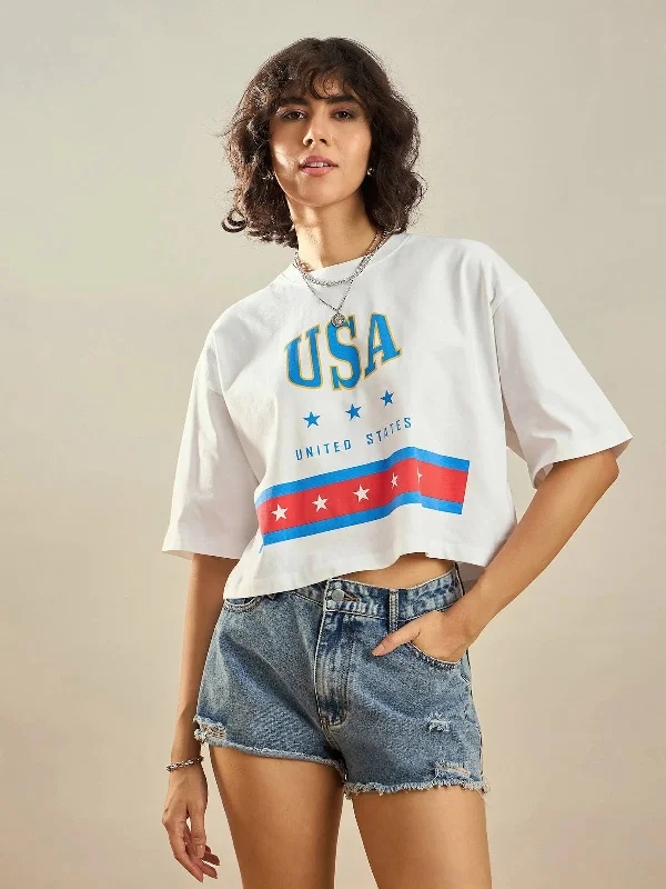 Women White USA Printed Crop T-shirt Modern Contemporary Chic