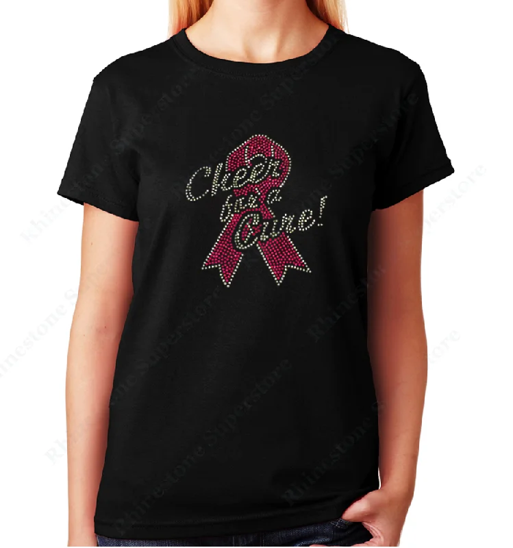 Women's / Unisex T-Shirt with Cheer for a Cure with Pink Cancer Ribbon in Rhinestones Casual Formal Business