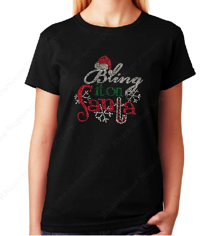 Women's / Unisex T-Shirt with Christmas Bling it on Santa in Rhinestones Handmade Hand-knitted Hand-woven