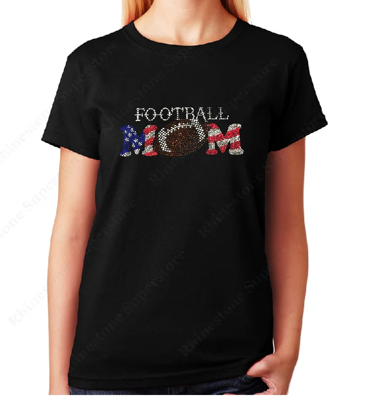 Women's / Unisex T-Shirt with Patriotic Football Mom in Rhinestones Chenille Brocade Lace