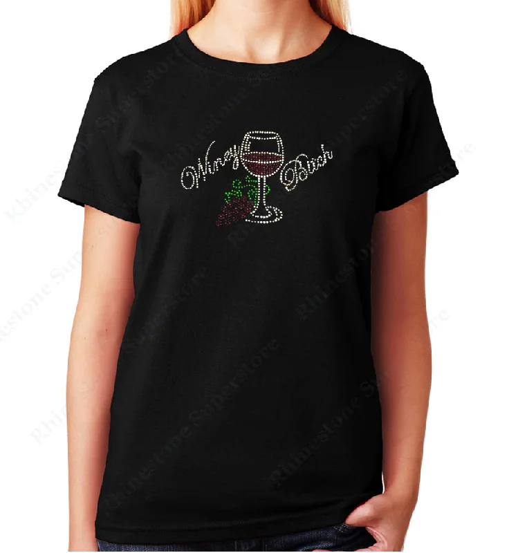 Women's / Unisex T-Shirt with Winey Bitch Wine Cup in Rhinestones Hooded Caped Shawl Collar