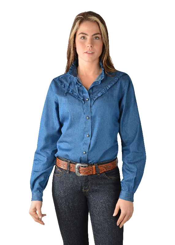 Wrangler USA Ladies Hadley L/S Shirt - Chambray - X3W2139958 Solid Print Embellished