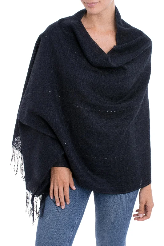 Deep Sky Midnight Blue 100% Alpaca Woven Fringed Shawl from Peru Soft Knit Shawl Poncho