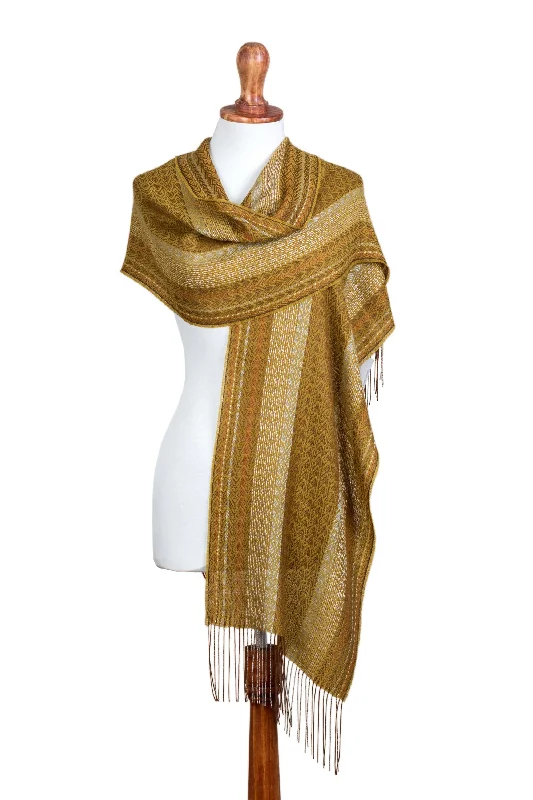 Andean Gold Gold Color Hand Woven Alpaca and Silk Blend Shawl from Peru Elegant Velvet Shawl Wrap