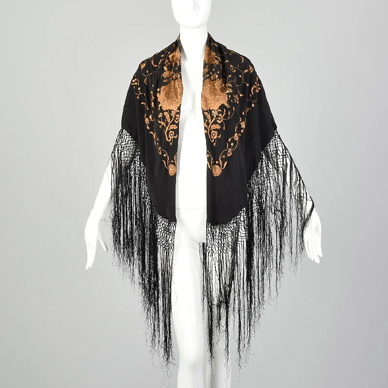 Black Silk Piano Shawl Brown Floral Embroidery Rhinestones with Fringe Elegant Velvet Shawl Cape