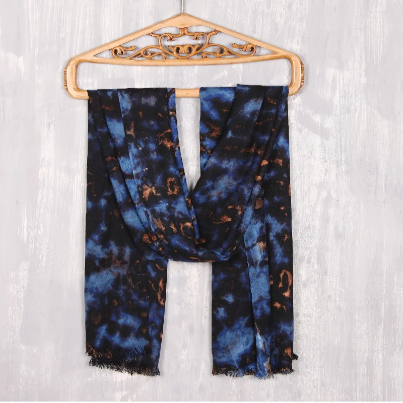 Blissful Fusion in Blue Blue and Caramel Viscose Shawl Crafted in India Trendy Long Knit Shawl