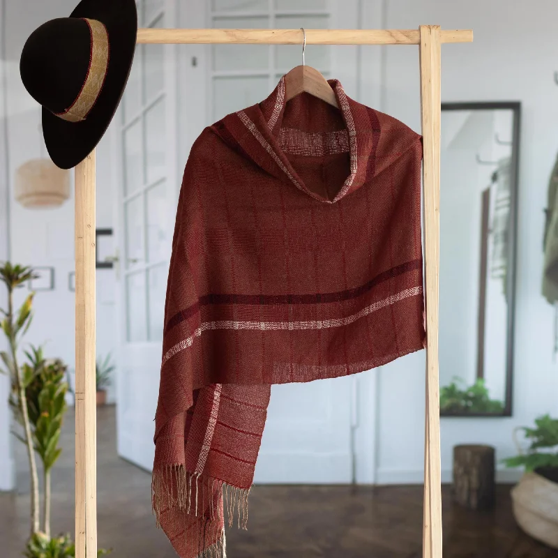 Burgundy Windowpanes Handwoven Patterned Burgundy and Brown Baby Alpaca Shawl Cozy Fleece Shawl Scarf