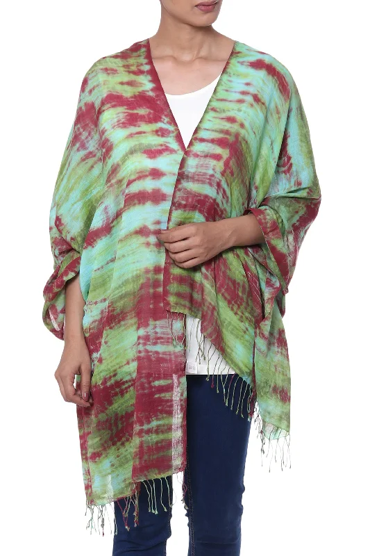 Cosmic Waves Red Green and Aqua Tie-Dyed Cotton Shawl with Fringe Comfortable Plaid Shawl Wrap